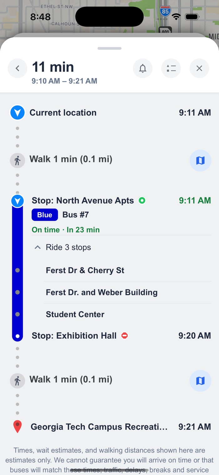 RideGT step-by-step directions: walk 1 minute to North Avenue Apts, board Blue Bus #7, ride 3 stops, get off at Exhibition Hall, walk 1 minute to the Campus Recreation Center.