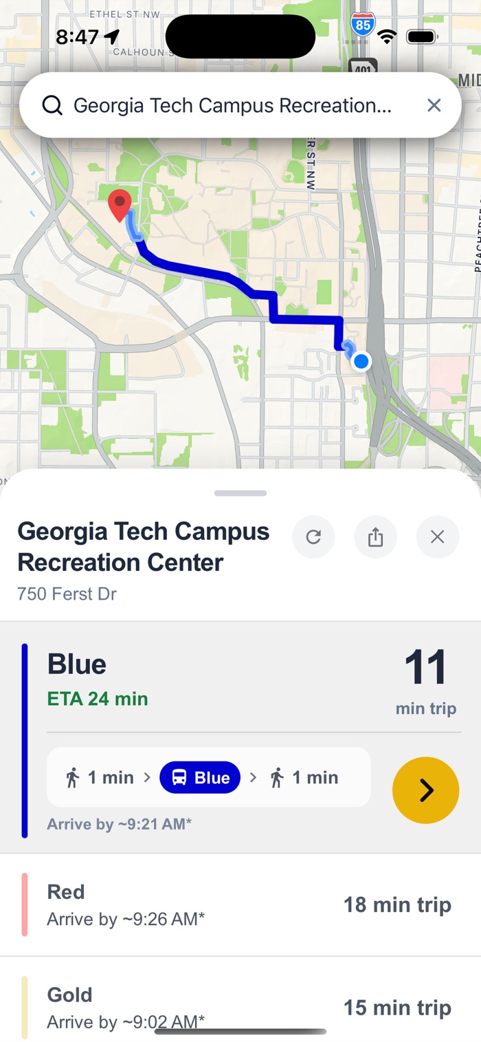RideGT showing three route options to the Campus Recreation Center: Blue as an 11 minute trip, Red 18 minutes, Gold 15 minutes, each with an arrival time.
