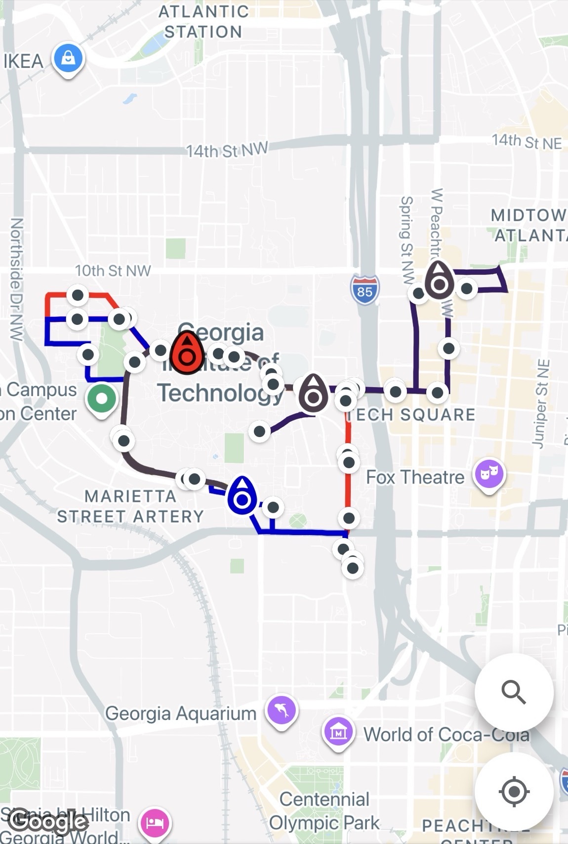 The existing campus transit map: coloured route loops and dozens of identical stop dots covering Georgia Tech, with no way to enter a destination.